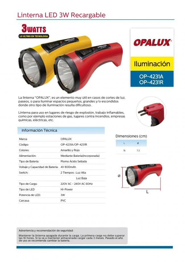 LINTERNA LED 3W RECARGABLE 2 TIEMPOS LUZ BLANCA OPALUX