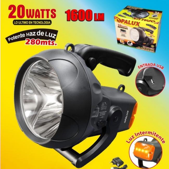 LINTERNA LED 20W RECARGABLE CON BANCO DE PODER BATERIA 4V 7AMP. ALCANCE 280 MTS (1600 LUMINES) OPALUX